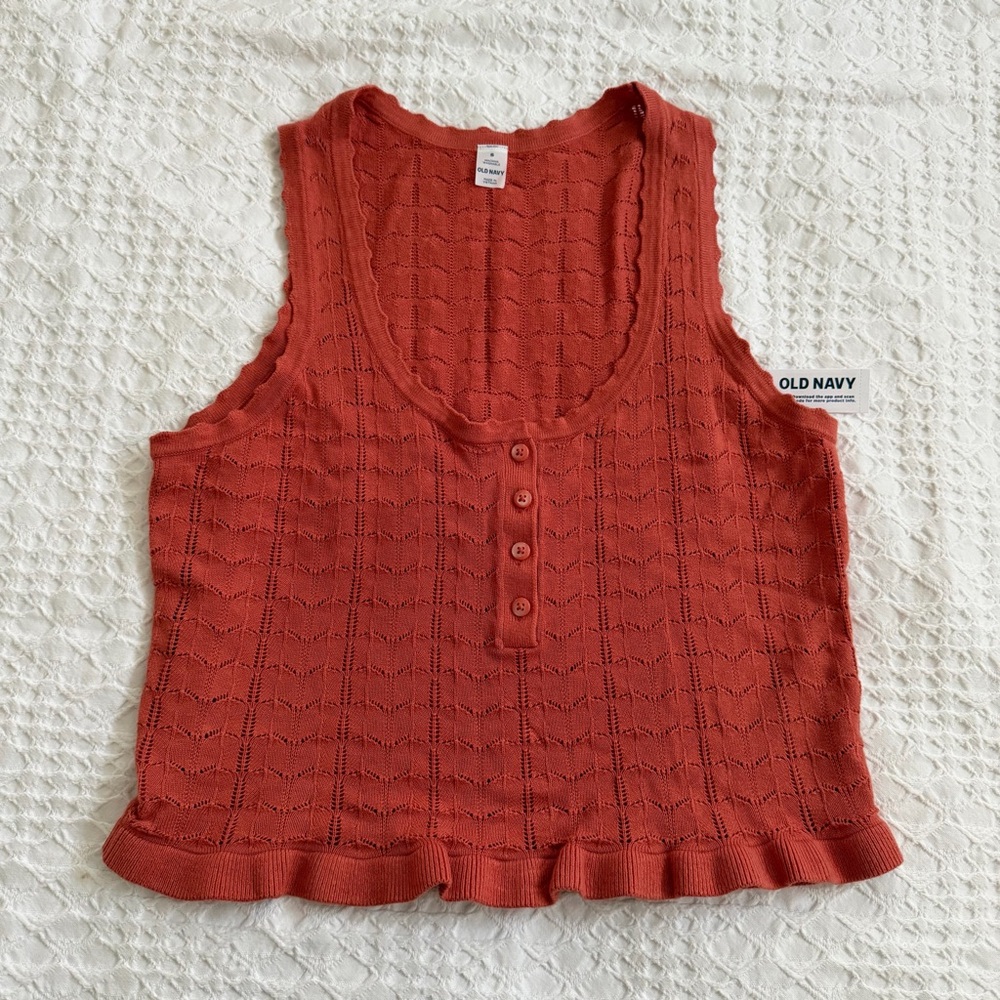 Old Navy Cotton Blend Orange Pointelle Sweater Ruffle Trim Tank Top Size S NWT